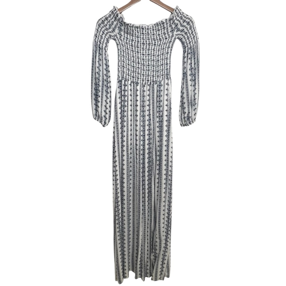 Altar'd State Blue & White Off the‎ Shoulder Smocked Maxi Dress Size Small